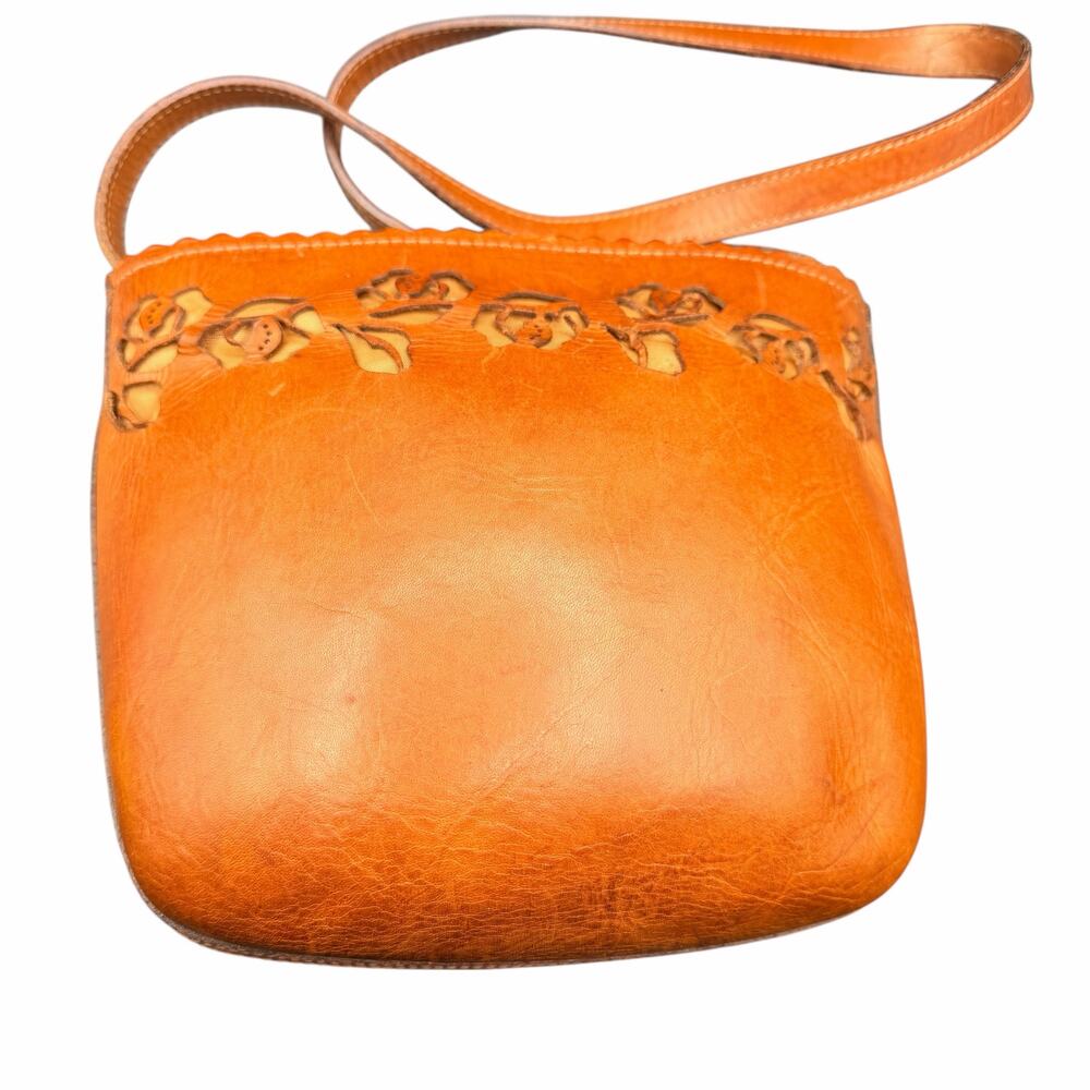 Vintage Ellepi Italy Leather Floral Cutout Shoulder Bag Cognac Brown